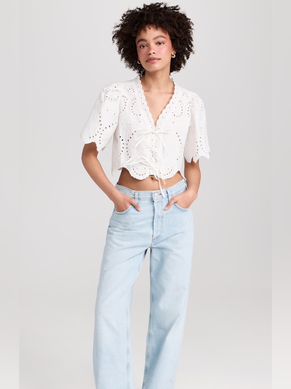 Moon River Puff Sleeve
Eyelet Top With Front Ties size S - Picture 4 of 14